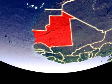 Moritanya gece uzaydan uydu görüntüsü. Güzel ayrıntılı plastik gezegenin yüzeyi görünür şehir ışıkları ile. 3D çizim. Nasa tarafından döşenmiş bu görüntü unsurları.