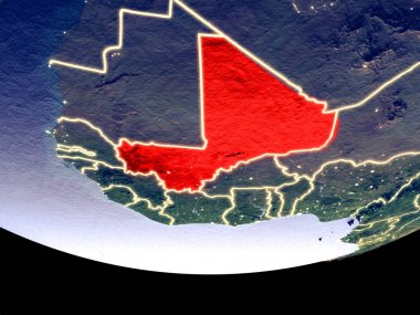 Mali gece uzaydan uydu görünümü. Güzel ayrıntılı plastik gezegenin yüzeyi görünür şehir ışıkları ile. 3D çizim. Nasa tarafından döşenmiş bu görüntü unsurları.