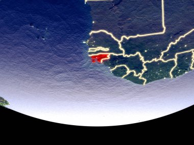 Gine-Bissau gece uzaydan uydu görünümü. Güzel ayrıntılı plastik gezegenin yüzeyi görünür şehir ışıkları ile. 3D çizim. Nasa tarafından döşenmiş bu görüntü unsurları.