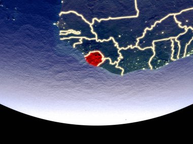 Sierra Leone gece uzaydan uydu görüntüsü. Güzel ayrıntılı plastik gezegenin yüzeyi görünür şehir ışıkları ile. 3D çizim. Nasa tarafından döşenmiş bu görüntü unsurları.
