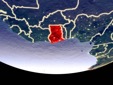 Gana gece uzaydan uydu görünümü. Güzel ayrıntılı plastik gezegenin yüzeyi görünür şehir ışıkları ile. 3D çizim. Nasa tarafından döşenmiş bu görüntü unsurları.