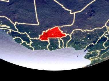 Burkina Faso gece uzaydan uydu görüntüsü. Güzel ayrıntılı plastik gezegenin yüzeyi görünür şehir ışıkları ile. 3D çizim. Nasa tarafından döşenmiş bu görüntü unsurları.