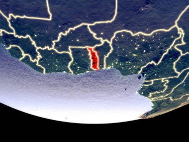 Togo gece uzaydan uydu görüntüsü. Güzel ayrıntılı plastik gezegenin yüzeyi görünür şehir ışıkları ile. 3D çizim. Nasa tarafından döşenmiş bu görüntü unsurları.