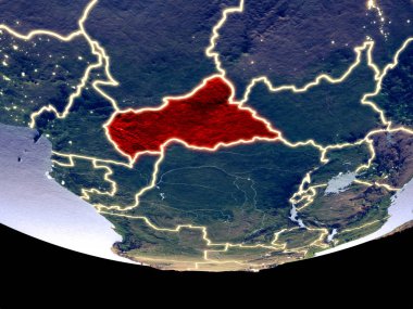 Orta Afrika gece uzaydan uydu görünümü. Güzel ayrıntılı plastik gezegenin yüzeyi görünür şehir ışıkları ile. 3D çizim. Nasa tarafından döşenmiş bu görüntü unsurları.