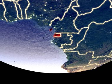 Ekvator Ginesi gece uzaydan uydu görünümü. Güzel ayrıntılı plastik gezegenin yüzeyi görünür şehir ışıkları ile. 3D çizim. Nasa tarafından döşenmiş bu görüntü unsurları.