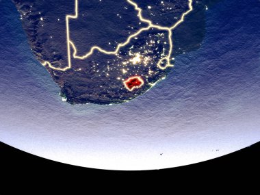 Lesotho gece uzaydan uydu görünümü. Güzel ayrıntılı plastik gezegenin yüzeyi görünür şehir ışıkları ile. 3D çizim. Nasa tarafından döşenmiş bu görüntü unsurları.