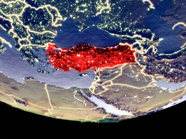 Gece uzaydan Türkiye'nin uydu görüntüsü. Güzel ayrıntılı plastik gezegenin yüzeyi görünür şehir ışıkları ile. 3D çizim. Nasa tarafından döşenmiş bu görüntü unsurları.