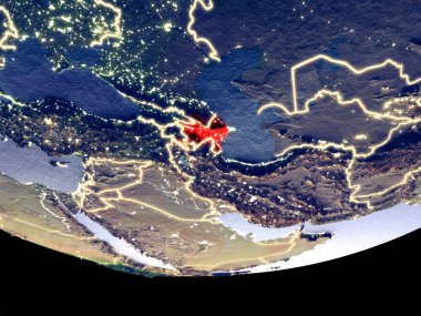 Azerbaycan gece uzaydan uydu görüntüsü. Güzel ayrıntılı plastik gezegenin yüzeyi görünür şehir ışıkları ile. 3D çizim. Nasa tarafından döşenmiş bu görüntü unsurları.