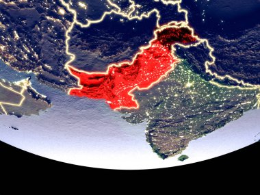 Pakistan gece uzaydan uydu görüntüsü. Güzel ayrıntılı plastik gezegenin yüzeyi görünür şehir ışıkları ile. 3D çizim. Nasa tarafından döşenmiş bu görüntü unsurları.