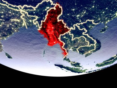 Myanmar gece uzaydan uydu görüntüsü. Güzel ayrıntılı plastik gezegenin yüzeyi görünür şehir ışıkları ile. 3D çizim. Nasa tarafından döşenmiş bu görüntü unsurları.