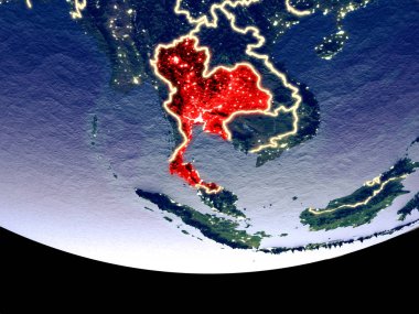 Tayland gece uzaydan uydu görüntüsü. Güzel ayrıntılı plastik gezegenin yüzeyi görünür şehir ışıkları ile. 3D çizim. Nasa tarafından döşenmiş bu görüntü unsurları.