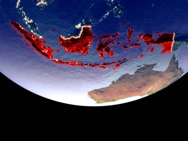 Endonezya gece uzaydan uydu görüntüsü. Güzel ayrıntılı plastik gezegenin yüzeyi görünür şehir ışıkları ile. 3D çizim. Nasa tarafından döşenmiş bu görüntü unsurları.