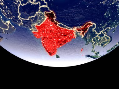 Hindistan gece uzaydan uydu görüntüsü. Güzel ayrıntılı plastik gezegenin yüzeyi görünür şehir ışıkları ile. 3D çizim. Nasa tarafından döşenmiş bu görüntü unsurları.