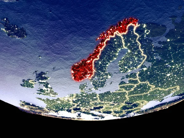 Norveç gece uzaydan uydu görünümü. Güzel ayrıntılı plastik gezegenin yüzeyi görünür şehir ışıkları ile. 3D çizim. Nasa tarafından döşenmiş bu görüntü unsurları.