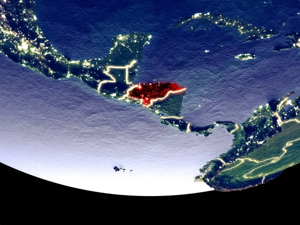 Honduras gece uzaydan uydu görüntüsü. Güzel ayrıntılı plastik gezegenin yüzeyi görünür şehir ışıkları ile. 3D çizim. Nasa tarafından döşenmiş bu görüntü unsurları.