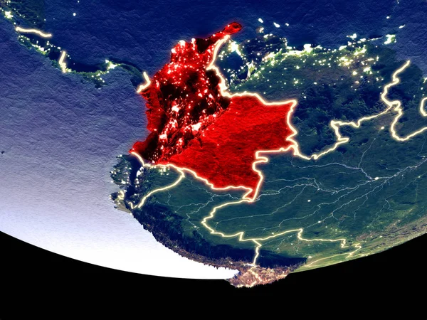Kolombiya gece uzaydan uydu görüntüsü. Güzel ayrıntılı plastik gezegenin yüzeyi görünür şehir ışıkları ile. 3D çizim. Nasa tarafından döşenmiş bu görüntü unsurları.