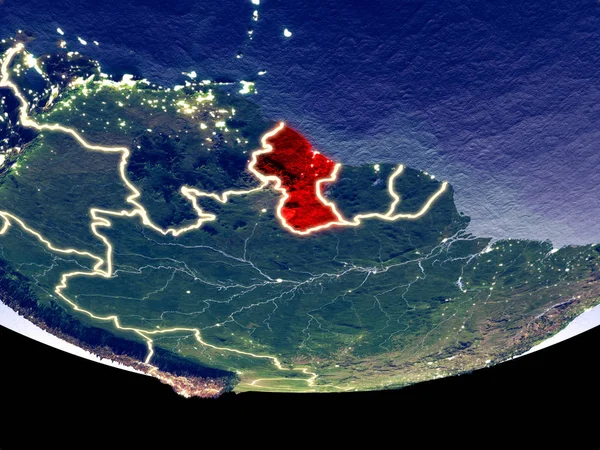 Guyana gece uzaydan uydu görünümü. Güzel ayrıntılı plastik gezegenin yüzeyi görünür şehir ışıkları ile. 3D çizim. Nasa tarafından döşenmiş bu görüntü unsurları.