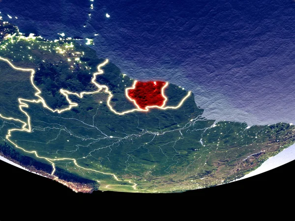 Vista Satélite Suriname Espaço Noite Maravilhosamente Detalhada Superfície Planeta Plástico — Fotografia de Stock