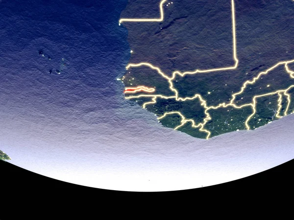 Gambiya gece uzaydan uydu görünümü. Güzel ayrıntılı plastik gezegenin yüzeyi görünür şehir ışıkları ile. 3D çizim. Nasa tarafından döşenmiş bu görüntü unsurları.