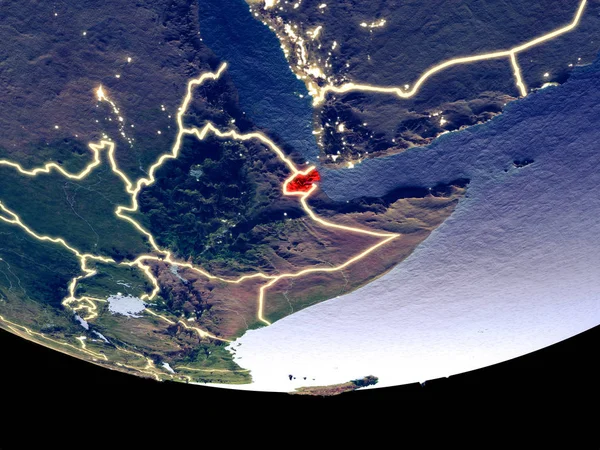 Satellite view of Djibouti from space at night. Beautifully detailed plastic planet surface with visible city lights. 3D illustration. Elements of this image furnished by NASA.