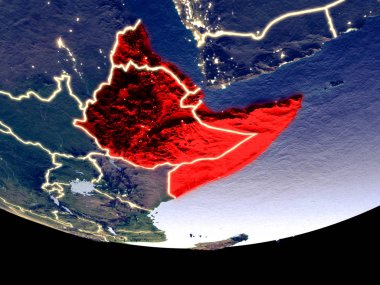 Horn of Africa gece uzaydan uydu görünümü. Güzel ayrıntılı plastik gezegenin yüzeyi görünür şehir ışıkları ile. 3D çizim. Nasa tarafından döşenmiş bu görüntü unsurları.