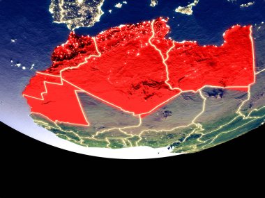 Mağrip bölgenin gece uzaydan uydu görüntüsü. Güzel ayrıntılı plastik gezegenin yüzeyi görünür şehir ışıkları ile. 3D çizim. Nasa tarafından döşenmiş bu görüntü unsurları.