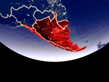 Southern Cone gece uzaydan uydu görünümü. Güzel ayrıntılı plastik gezegenin yüzeyi görünür şehir ışıkları ile. 3D çizim. Nasa tarafından döşenmiş bu görüntü unsurları.