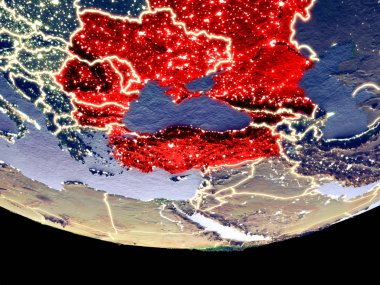 Karadeniz bölgesi gece uzaydan uydu görünümü. Güzel ayrıntılı plastik gezegenin yüzeyi görünür şehir ışıkları ile. 3D çizim. Nasa tarafından döşenmiş bu görüntü unsurları.
