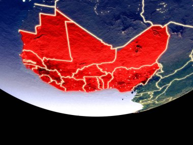 Batı Afrika gece uzaydan uydu görüntüsü. Güzel ayrıntılı plastik gezegenin yüzeyi görünür şehir ışıkları ile. 3D çizim. Nasa tarafından döşenmiş bu görüntü unsurları.