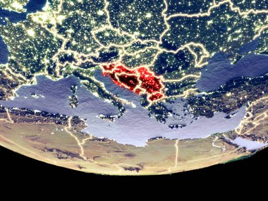 Gece uzaydan eski Yugoslavya'nın uydu görüntüsü. Güzel ayrıntılı plastik gezegenin yüzeyi görünür şehir ışıkları ile. 3D çizim. Nasa tarafından döşenmiş bu görüntü unsurları.