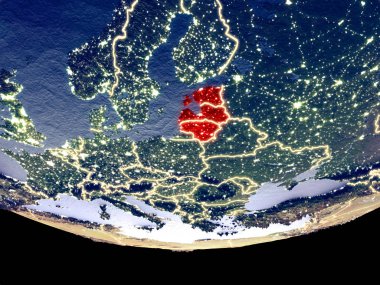 Baltık Devletleri gece uzaydan uydu görünümü. Güzel ayrıntılı plastik gezegenin yüzeyi görünür şehir ışıkları ile. 3D çizim. Nasa tarafından döşenmiş bu görüntü unsurları.