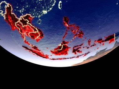 Asean ülkeleri gece uzaydan uydu görünümü. Güzel ayrıntılı plastik gezegenin yüzeyi görünür şehir ışıkları ile. 3D çizim. Nasa tarafından döşenmiş bu görüntü unsurları.