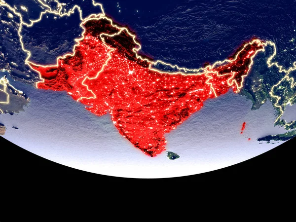 Satellite view of British India from space at night. Beautifully detailed plastic planet surface with visible city lights. 3D illustration. Elements of this image furnished by NASA.