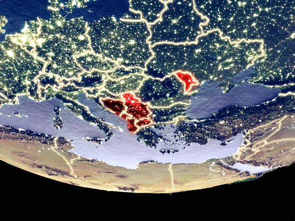 Cefta ülkelerin gece uzaydan uydu görüntüsü. Güzel ayrıntılı plastik gezegenin yüzeyi görünür şehir ışıkları ile. 3D çizim. Nasa tarafından döşenmiş bu görüntü unsurları.