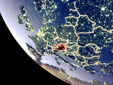 Yörünge görünümü parlak şehir ışıkları ile gece Avusturya. Çok detaylı plastik gezegenin yüzey. 3D çizim. Nasa tarafından döşenmiş bu görüntü unsurları.
