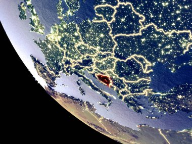 Bosna-Hersek yörünge görünümü parlak şehir ışıkları ile gece. Çok detaylı plastik gezegenin yüzey. 3D çizim. Nasa tarafından döşenmiş bu görüntü unsurları.