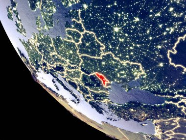 Moldova yörünge görünümü parlak şehir ışıkları ile gece. Çok detaylı plastik gezegenin yüzey. 3D çizim. Nasa tarafından döşenmiş bu görüntü unsurları.