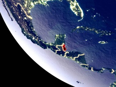 Yörünge görünümü parlak şehir ışıkları ile gece Belize. Çok detaylı plastik gezegenin yüzey. 3D çizim. Nasa tarafından döşenmiş bu görüntü unsurları.