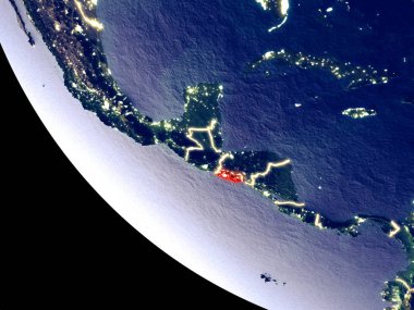 El Salvador yörünge görünümü parlak şehir ışıkları ile gece. Çok detaylı plastik gezegenin yüzey. 3D çizim. Nasa tarafından döşenmiş bu görüntü unsurları.