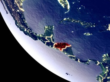 Yörünge görünümü parlak şehir ışıkları ile gece Honduras. Çok detaylı plastik gezegenin yüzey. 3D çizim. Nasa tarafından döşenmiş bu görüntü unsurları.