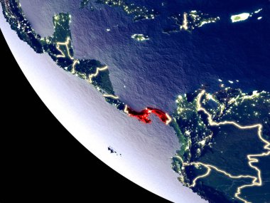 Yörünge görünümü parlak şehir ışıkları ile gece Panama. Çok detaylı plastik gezegenin yüzey. 3D çizim. Nasa tarafından döşenmiş bu görüntü unsurları.