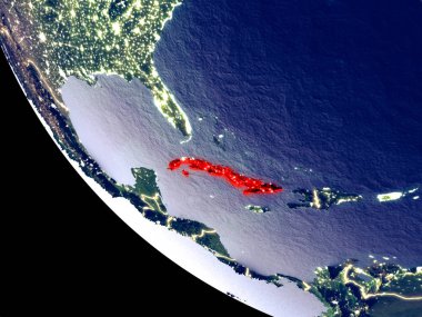 Küba'nın yörünge görünümü parlak şehir ışıkları ile gece. Çok detaylı plastik gezegenin yüzey. 3D çizim. Nasa tarafından döşenmiş bu görüntü unsurları.