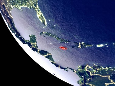 Yörünge görünümü parlak şehir ışıkları ile gece Jamaika. Çok detaylı plastik gezegenin yüzey. 3D çizim. Nasa tarafından döşenmiş bu görüntü unsurları.