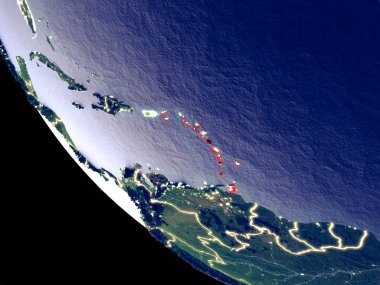 Caribbean yörünge görünümü parlak şehir ışıkları ile gece. Çok detaylı plastik gezegenin yüzey. 3D çizim. Nasa tarafından döşenmiş bu görüntü unsurları.