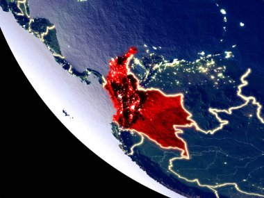 Yörünge görünümü parlak şehir ışıkları ile gece Kolombiya. Çok detaylı plastik gezegenin yüzey. 3D çizim. Nasa tarafından döşenmiş bu görüntü unsurları.