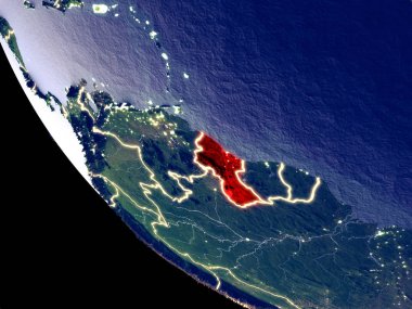 Guyana yörünge görünümü parlak şehir ışıkları ile gece. Çok detaylı plastik gezegenin yüzey. 3D çizim. Nasa tarafından döşenmiş bu görüntü unsurları.