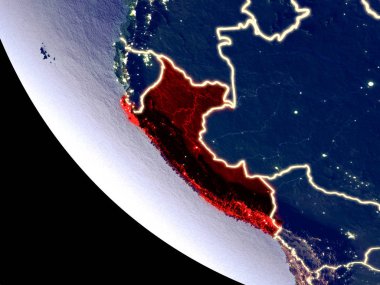 Yörünge görünümü parlak şehir ışıkları ile gece Peru. Çok detaylı plastik gezegenin yüzey. 3D çizim. Nasa tarafından döşenmiş bu görüntü unsurları.
