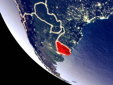 Uruguay yörünge görünümü parlak şehir ışıkları ile gece. Çok detaylı plastik gezegenin yüzey. 3D çizim. Nasa tarafından döşenmiş bu görüntü unsurları.