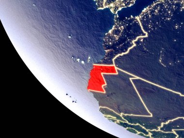 Batı Sahra yörünge görünümü parlak şehir ışıkları ile gece. Çok detaylı plastik gezegenin yüzey. 3D çizim. Nasa tarafından döşenmiş bu görüntü unsurları.