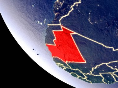 Moritanya yörünge görünümü parlak şehir ışıkları ile gece. Çok detaylı plastik gezegenin yüzey. 3D çizim. Nasa tarafından döşenmiş bu görüntü unsurları.